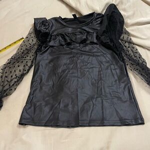Faux Leather Black Ruffle Top with Sheer Polka Dot Sleeves